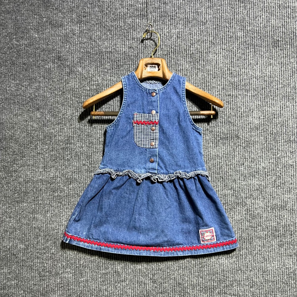Vintage Levis Denim Dress Girls Size 6 Blue Gingham Rickrack Ruffle Made in USA
